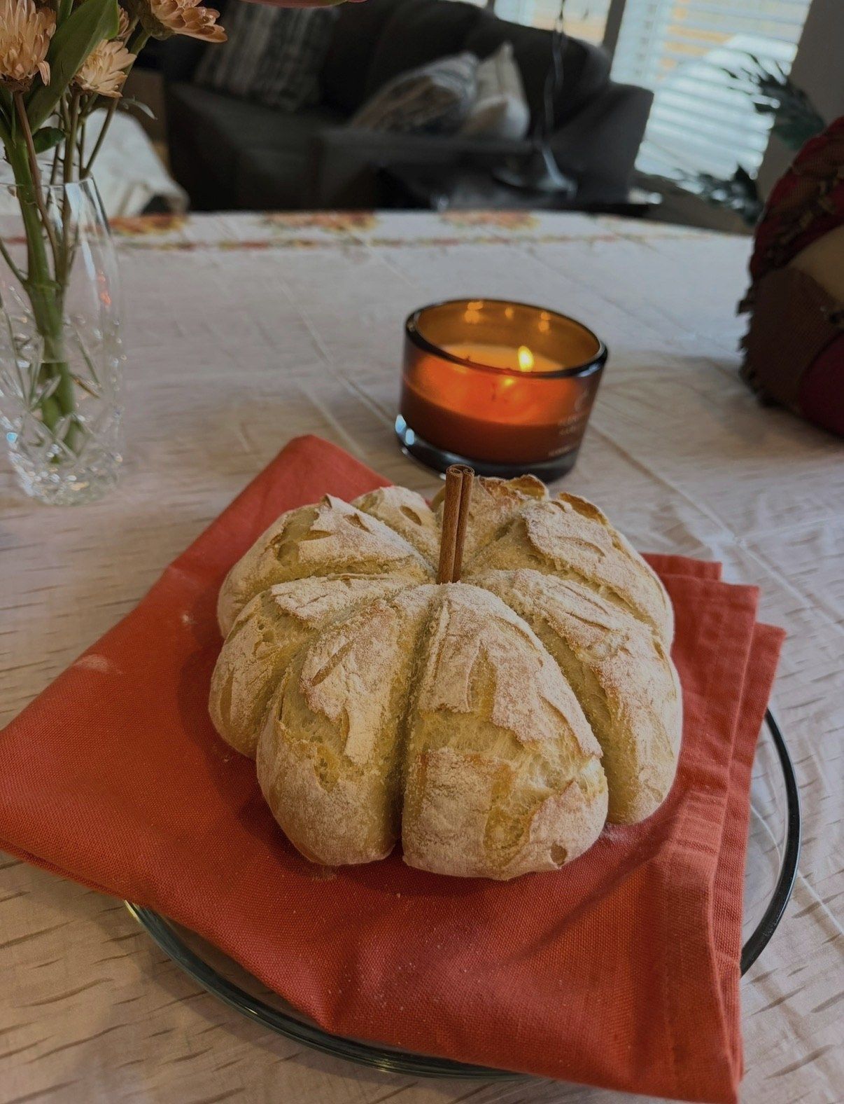A pumpkin-shaped loaf of bread Megan baked